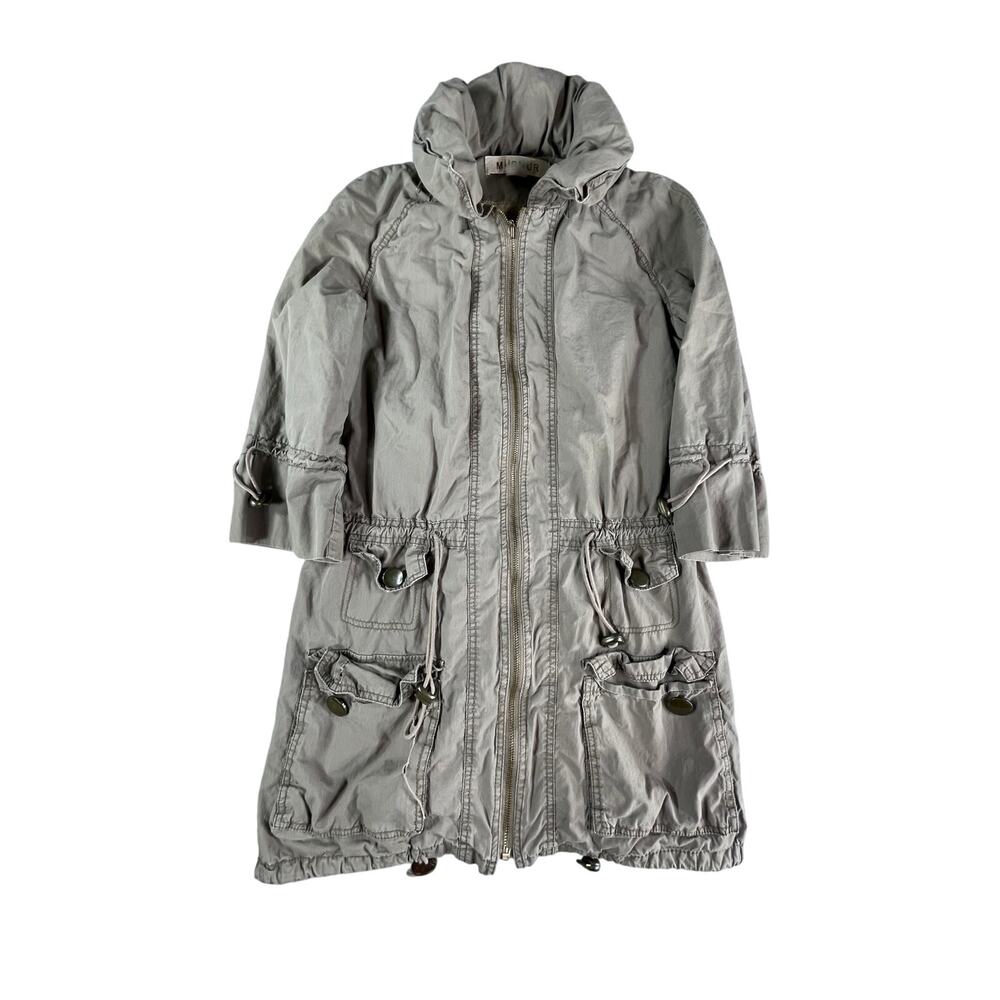 Murmur Jacket Womens Small Gray Long Hooded Coat Pockets Button Zip 3/4 Sleeve